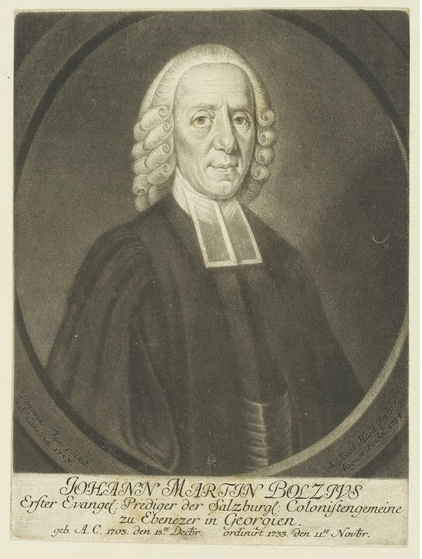 Engraved oval portrait of Pastor Johann Martin Boltzius in a dark robe and white collar