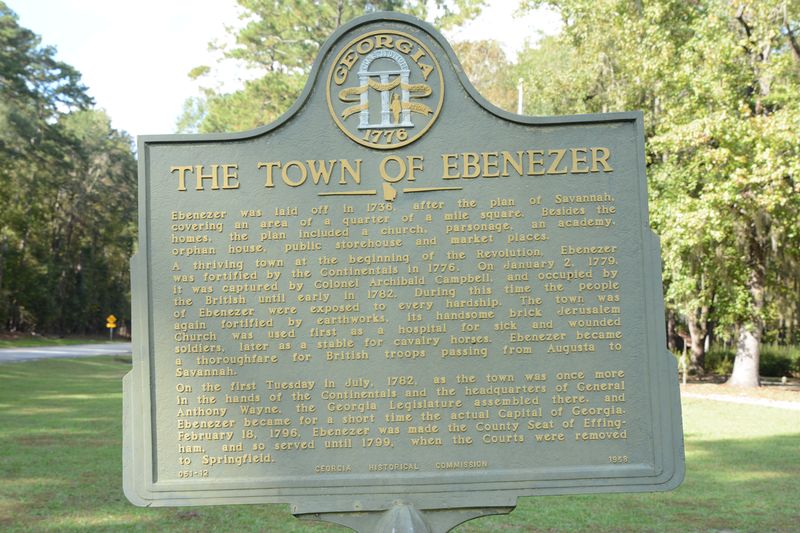 Green Georgia historical marker titled The Town of Ebenezer