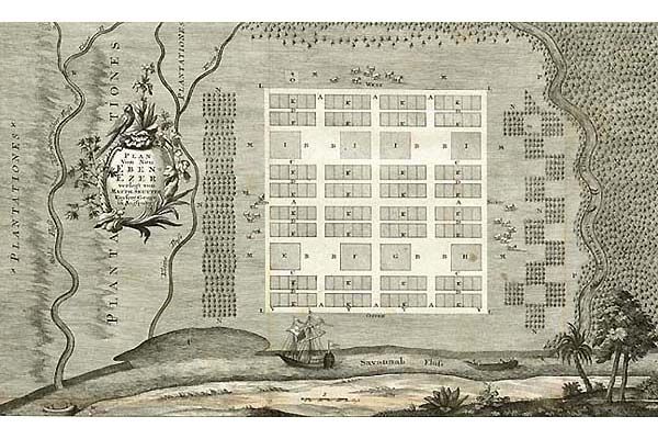 Engraved plan of New Ebenezer: a grid of town lots beside the river, with a ship in the foreground